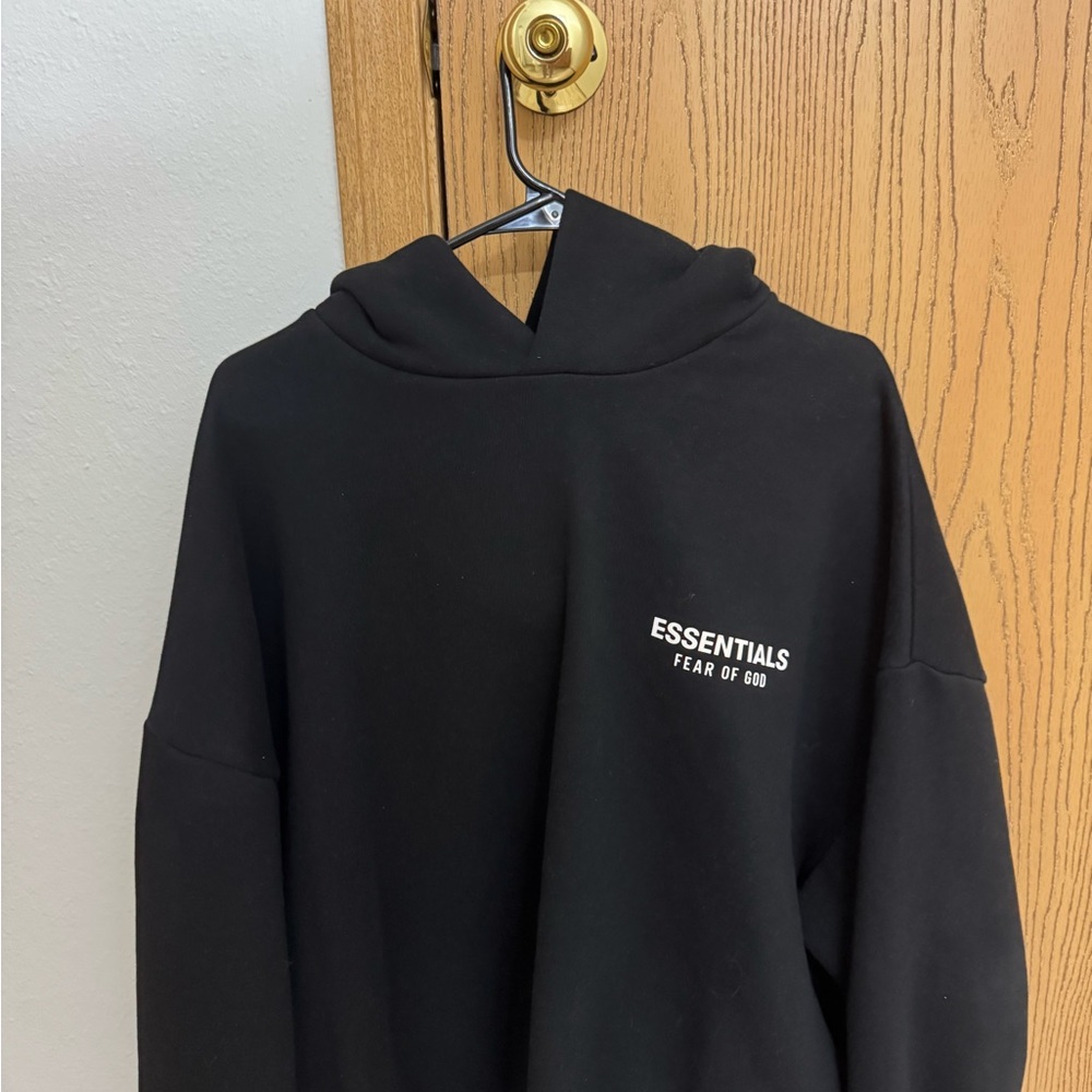 Fear of God Essentials Black Hoodie with White Text - Picture 2 of 2